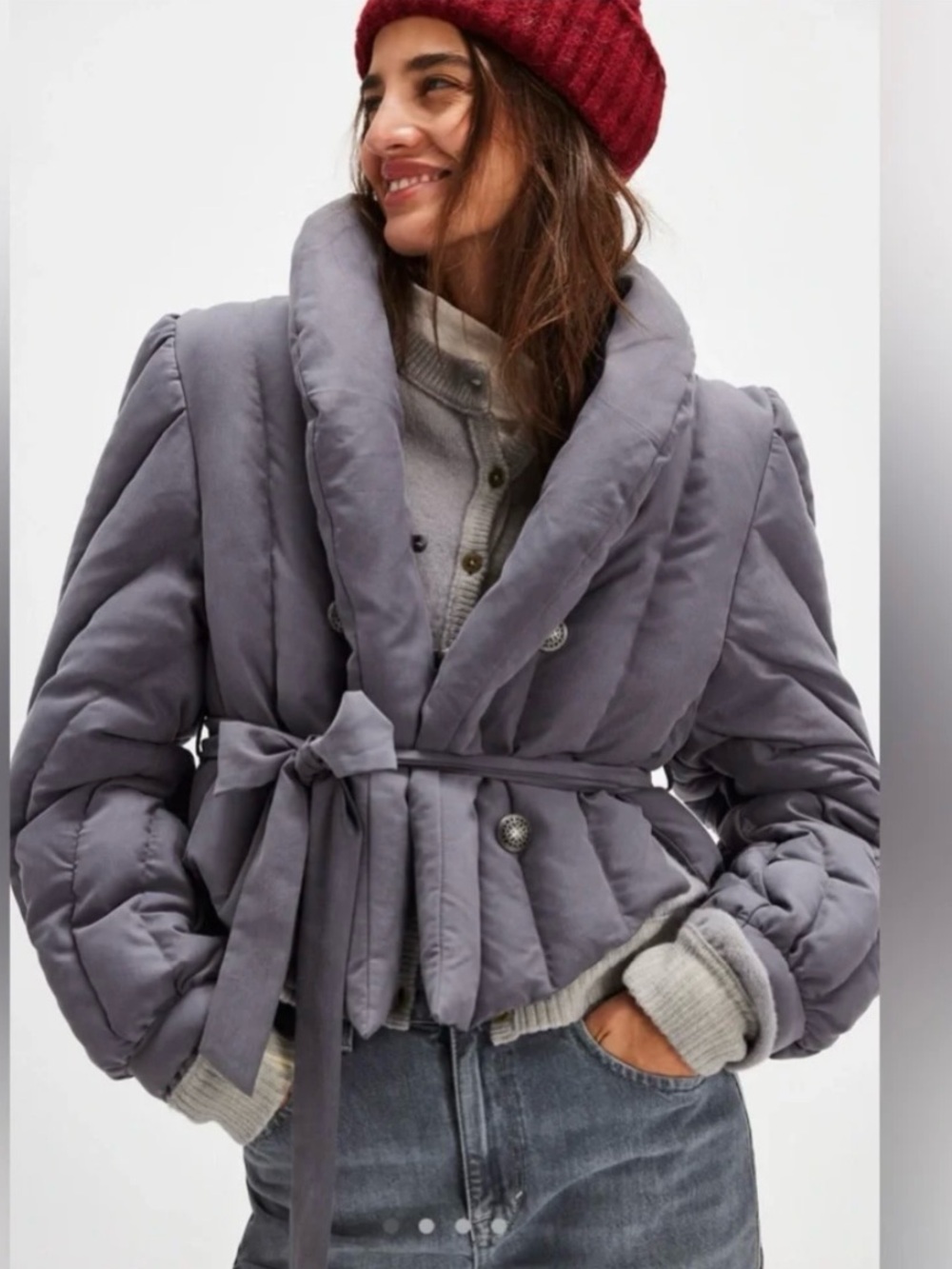 Free People Office Duvet Gray Puffer Jacket Belted NWT